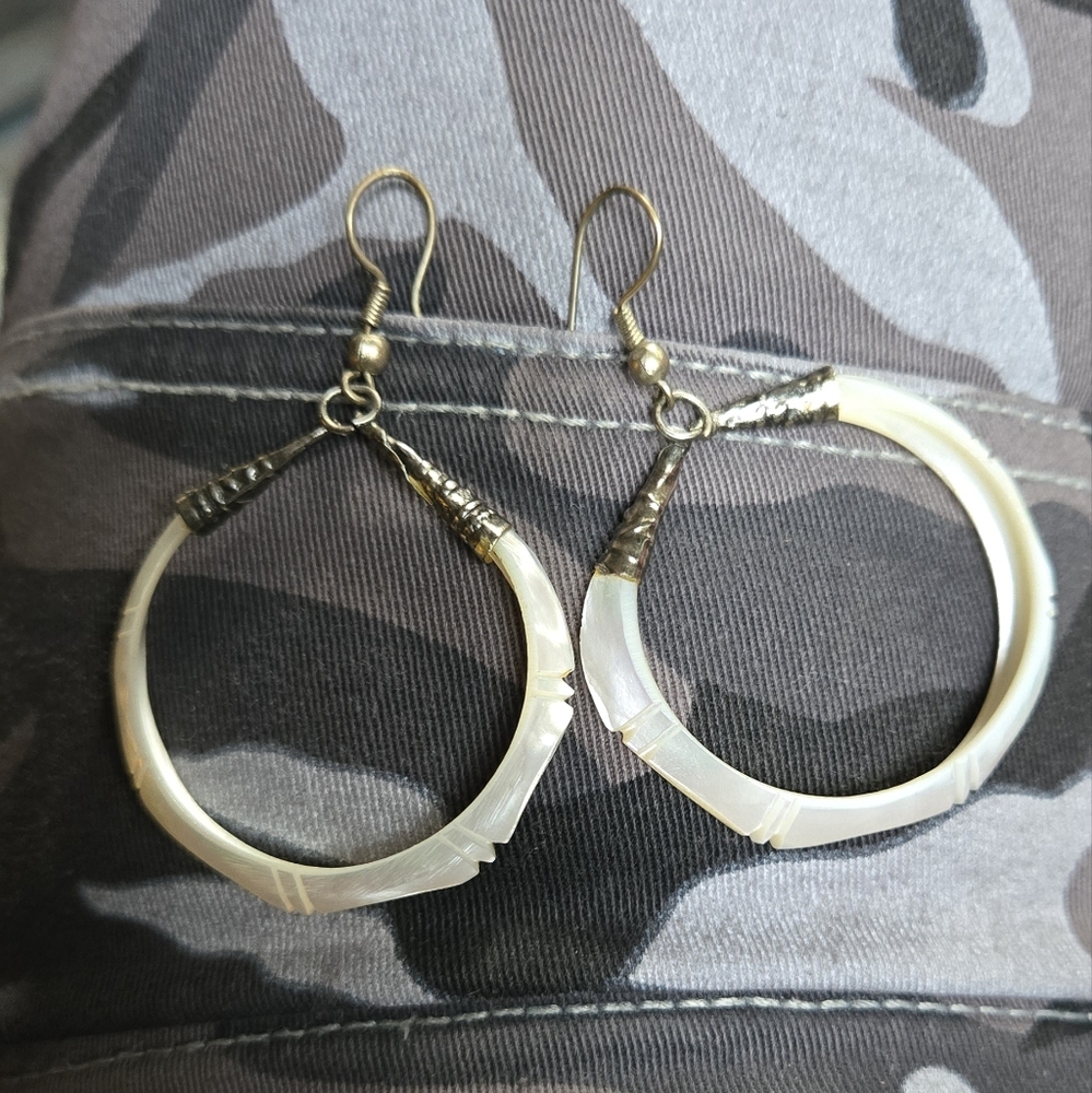 Abalone fresh shell & sterling Hoop Earrings - Picture 3 of 6